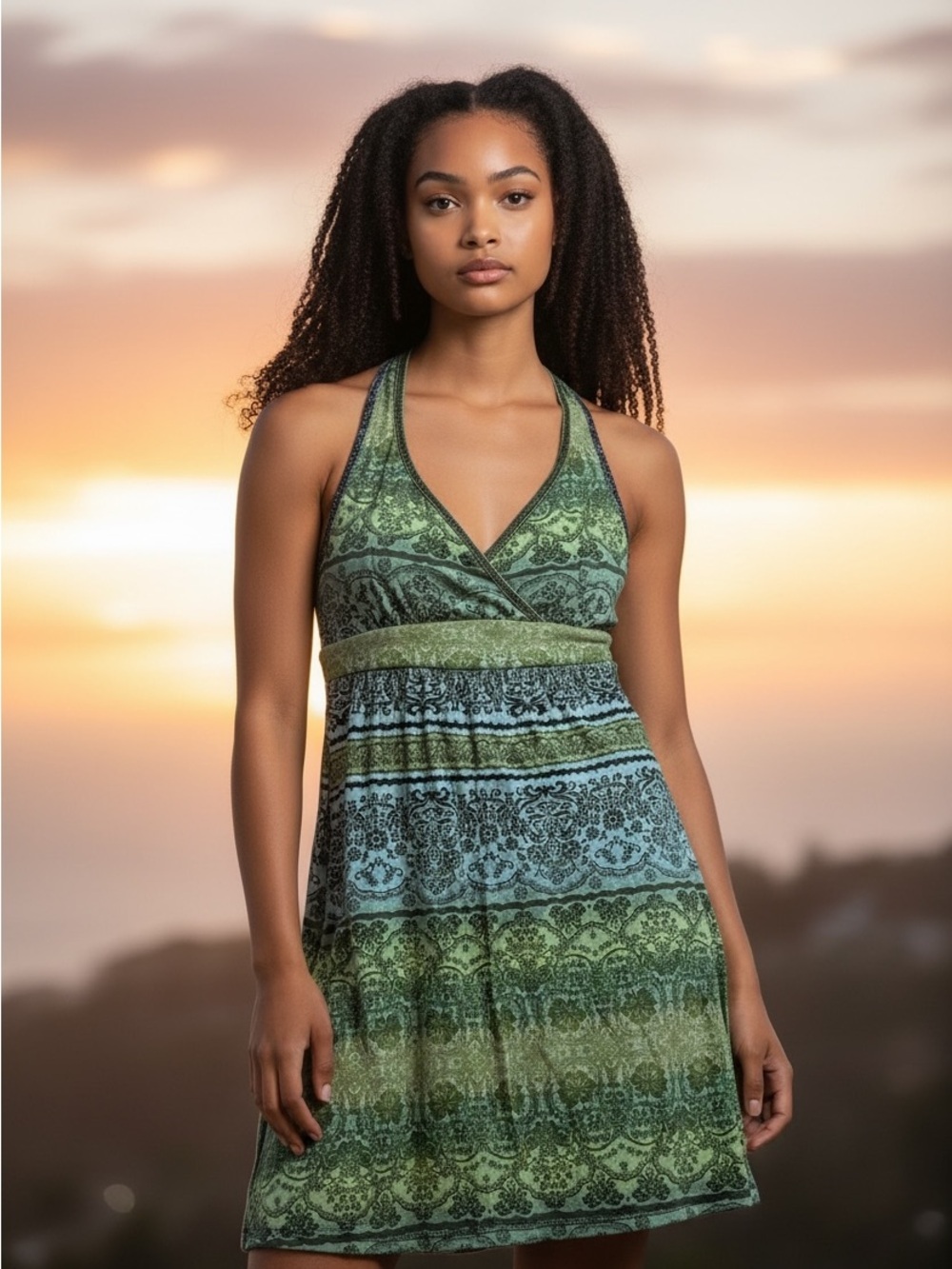 Green Ombre Halter Mini Dress with Teal Accents